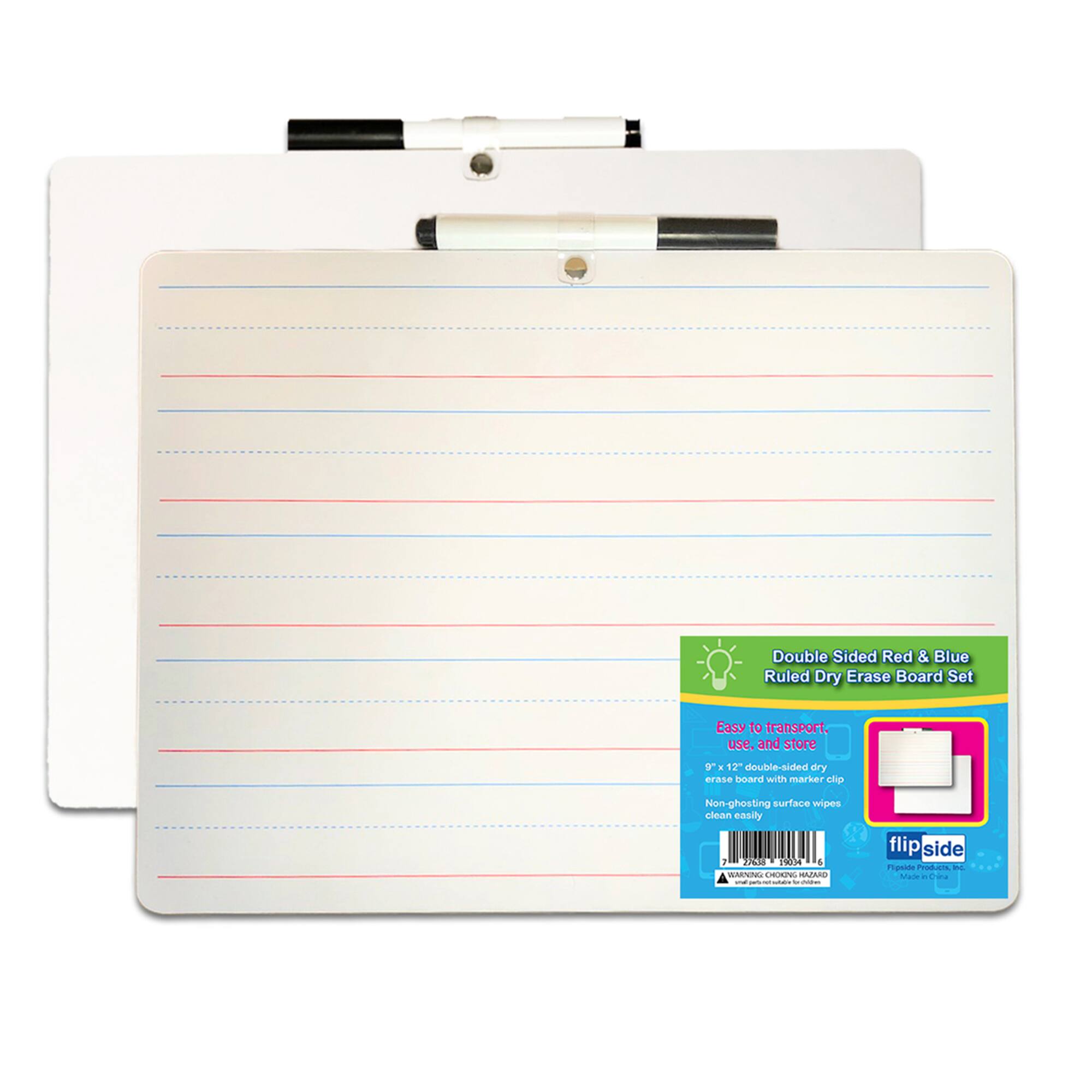 Flipside 9'' x 12'' Two-Sided Primary Ruled Dry Erase Board with Attached Marker, 3ct.